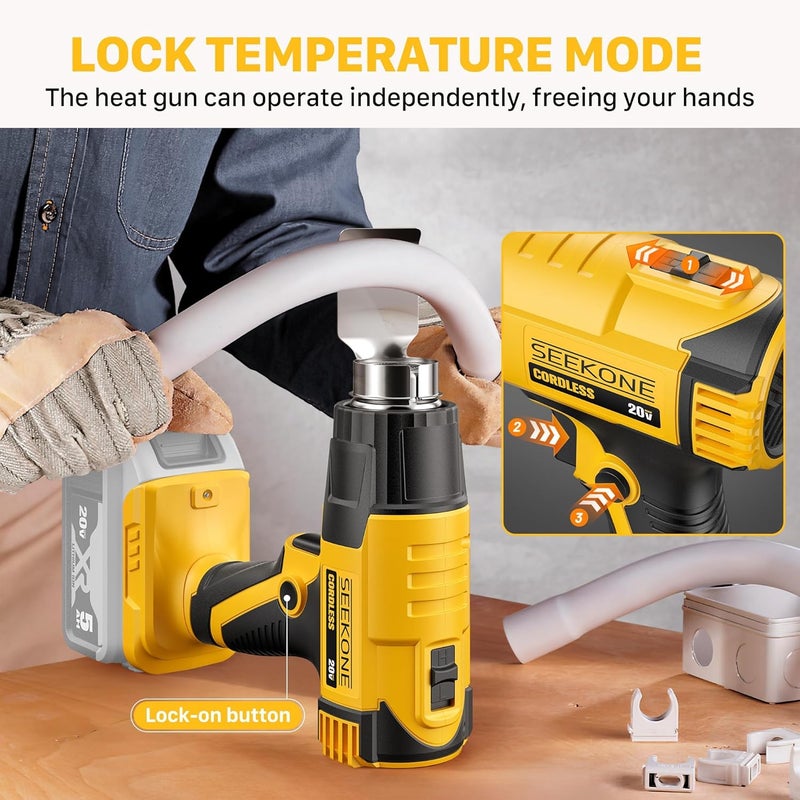 SEEKONE Cordless Heat Gun with 2 Temp Settings 1022℉ and 572℉, Compatible with Dewalt 20V Battery, Fast Heating Hot Air Gun with 3 Nozzles for Shrink Tubing, Vinyl Wrapping, Crafting (No Battery) - Image 3